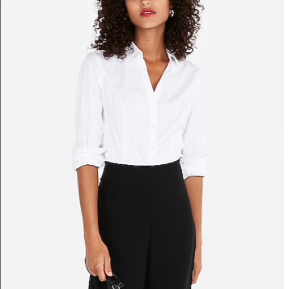 Express fitted white button down career top MED